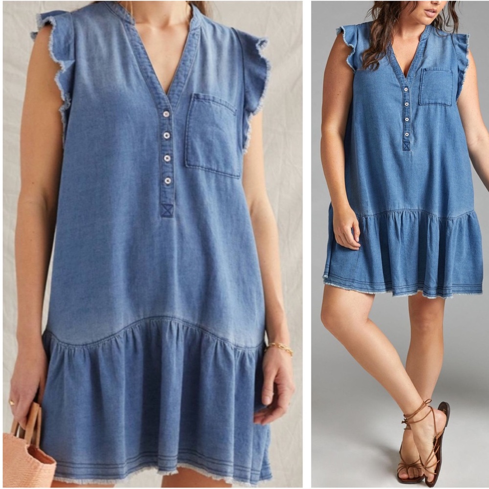 Anthropologie Blue Denim Ruffle Sleeve Tunic Dress